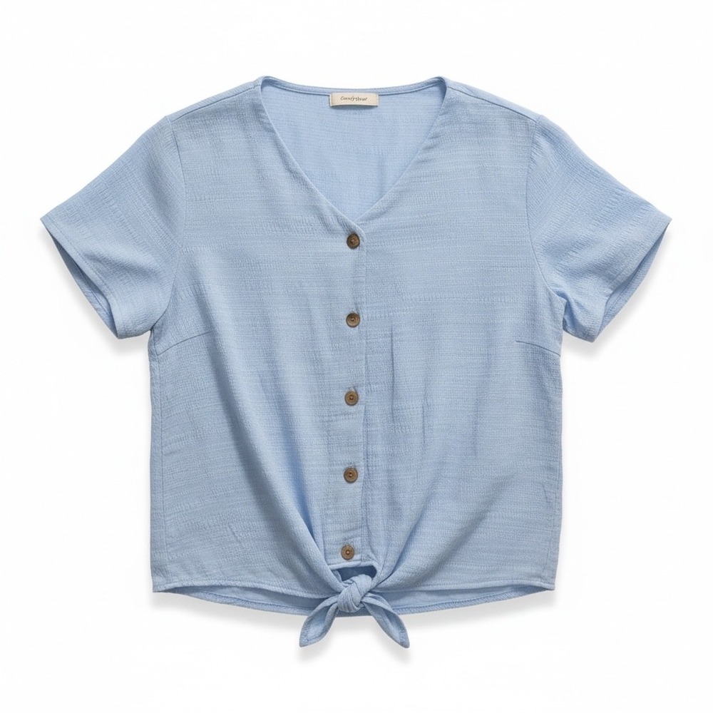 Weatherproof Vintage  Blue Textured Button Front Tie Knot Short Sleeve‎ Top L G